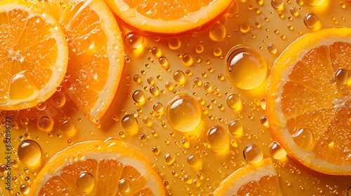Freeze motion Orange slice with sparkling water drops. Top view, close-up.
