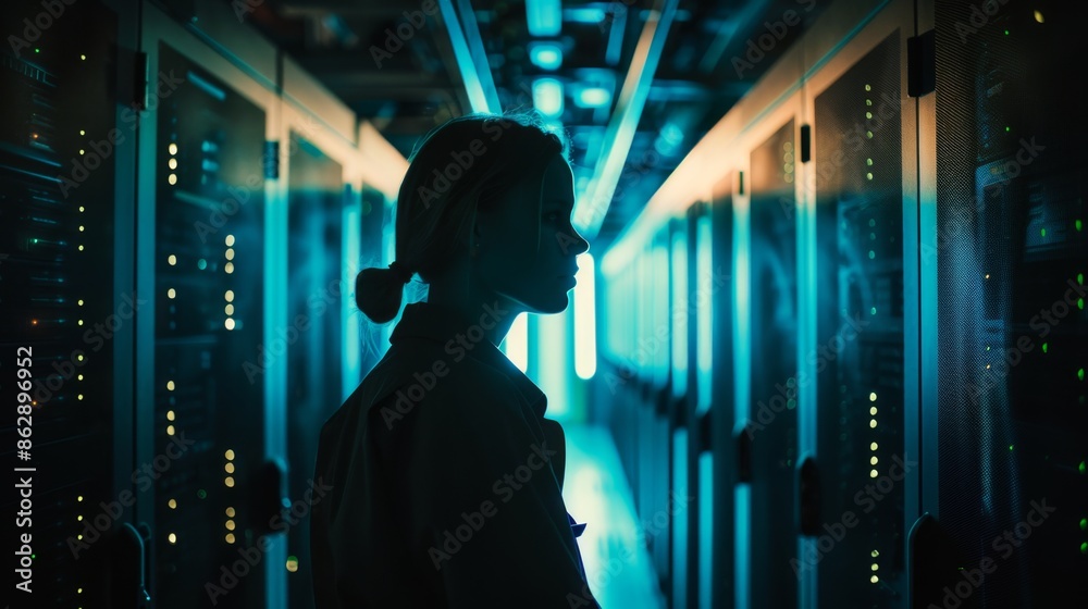 Silhouette of a Woman in a Data Center - Generative AI Silhouette of a Woman in a Data Center - Generative AI