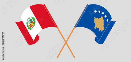 Crossed and waving flags of Peru and Kosovo