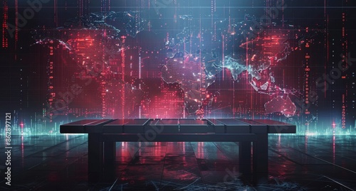 A Digital World Map With a Black Table in a Neon Lit Room