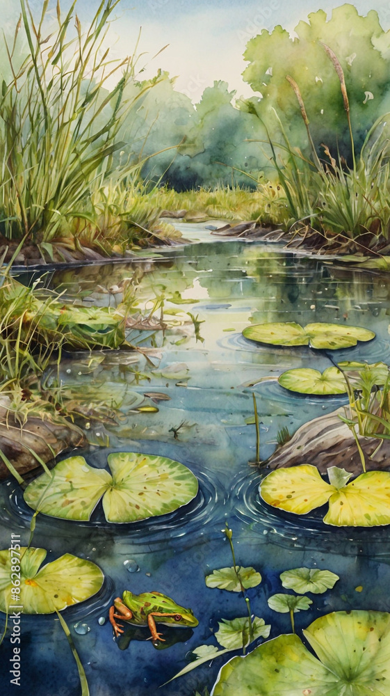 Watercolor painting: A temporary vernal pool, teeming with life as ...