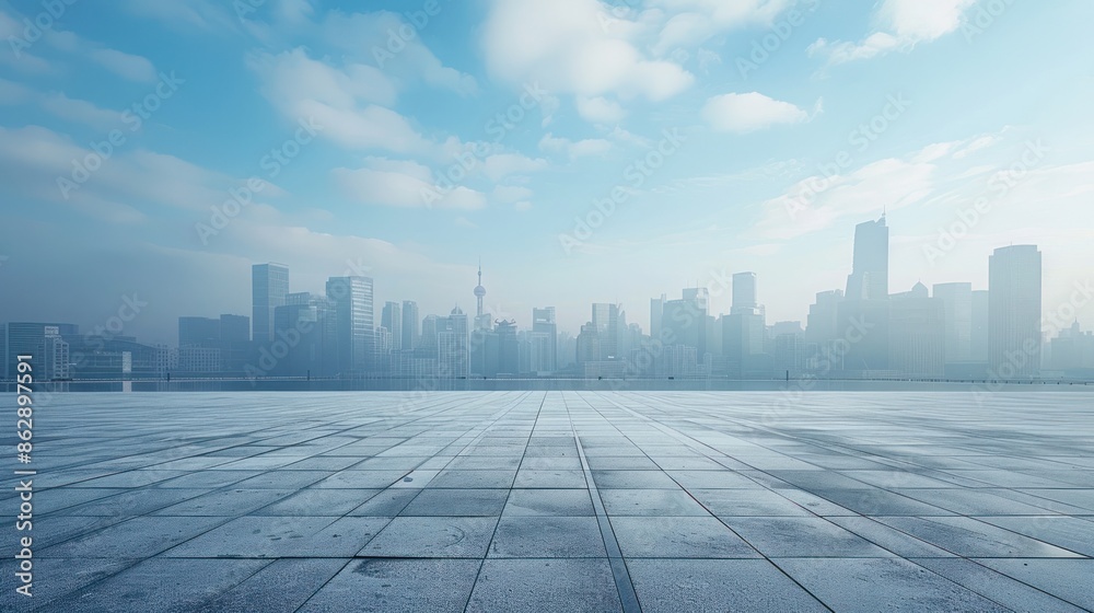 Empty square floor and city skyline with building background ai generated Empty square floor and city skyline with building background ai generated