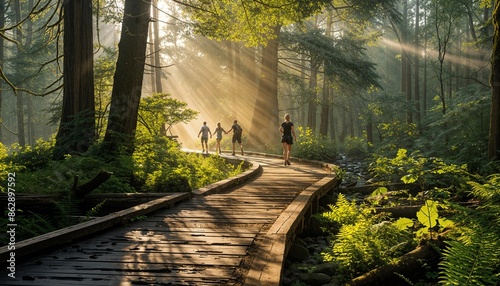Fototapeta Naklejka Na Ścianę i Meble -  a group of people walking on a path through a forest