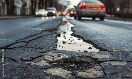 Close up of a pothole in a busy city street, select focus