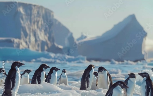 A group of penguins standing on ice with a large iceberg in the background, depicting the cold Antarctic environment and wildlife.
 photo