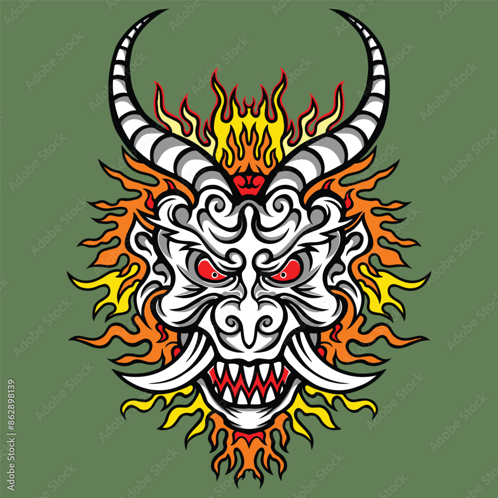 tattoo and t-shirt design colored hand drawn oni or hannya mask japanese illustration vector tattoo and t-shirt design colored hand drawn oni or hannya mask japanese illustration vector