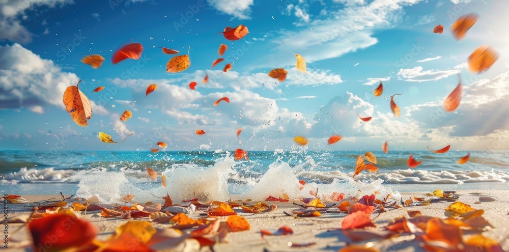 Colorful autumn leaves on a sandy coast of a lake. Waves of water, trees and horizon on a blurred background.