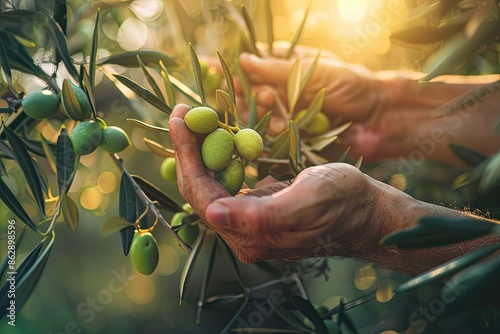 farmer's hands picking green olives from a branch in an olive plantation, warm light, selective focus photo