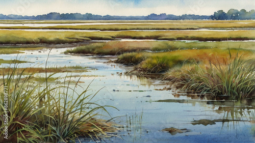 Watercolor painting: A vibrant salt marsh, with cordgrass swaying in the breeze, fiddler crabs scuttling, and wading birds foraging, photo