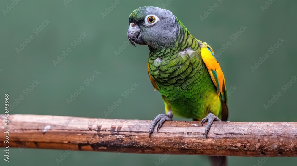 Obraz premium Portrait photography of Senegal Parrot bird catch standing on wood stick , studio shot isolated on single color background ,editorial style, shoot by DSLR .