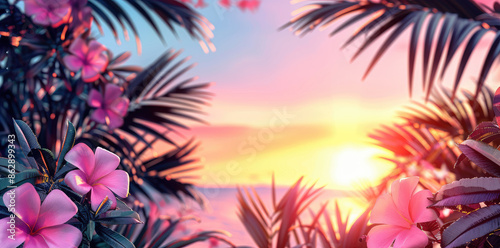 Stunning Sunset Through Vibrant Tropical Foliage A Captivating Blend of Nature, Color, and Light in a Dreamy Atmosphere