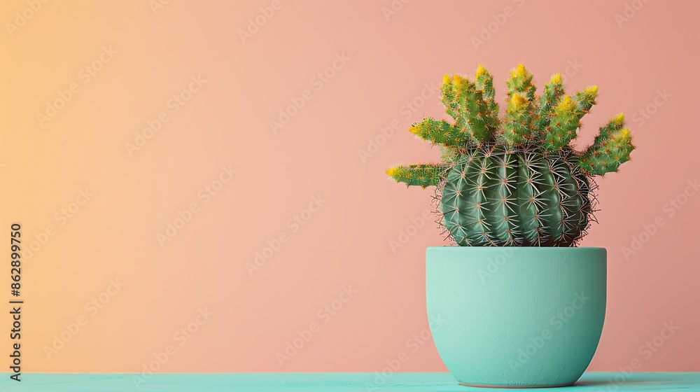 Cactus in a Blue Pot on a Peach Background Cactus in a Blue Pot on a Peach Background