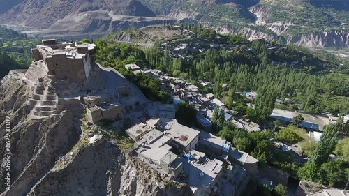 Aerial view of Baltit Fort, Hunza Valley, and Karimabad with mountains and village, Gilgit-Baltistan, Pakistan. photo