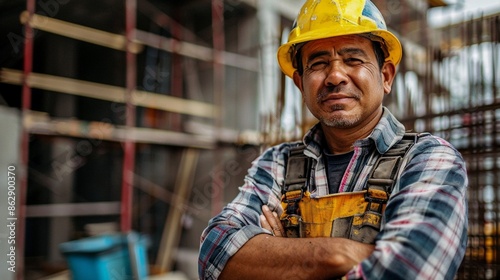 Confident construction worker in hard hat and plaid shirt standing with arms crossed on a job site, scaffolding and building materials in background, representing skilled labor. photo