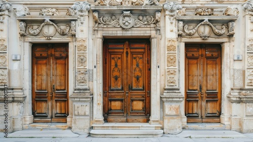 Decorative antique doors on the facade of an antique building  © Emil