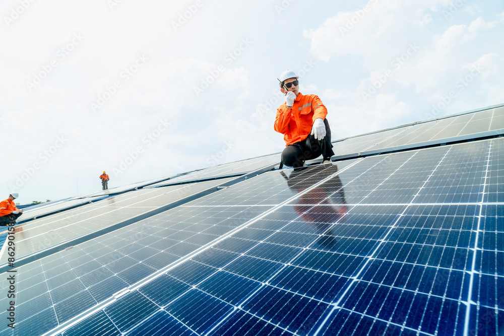 custom made wallpaper toronto digitalengineer man inspects construction of solar cell panel or photovoltaic cell by electronic device. Industrial Renewable energy of green power. factory worker working on tower roof.