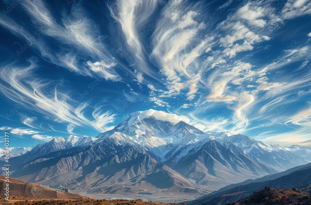 Fototapeta premium Majestic Mountain Peak With Swirling Clouds in the Himalayas