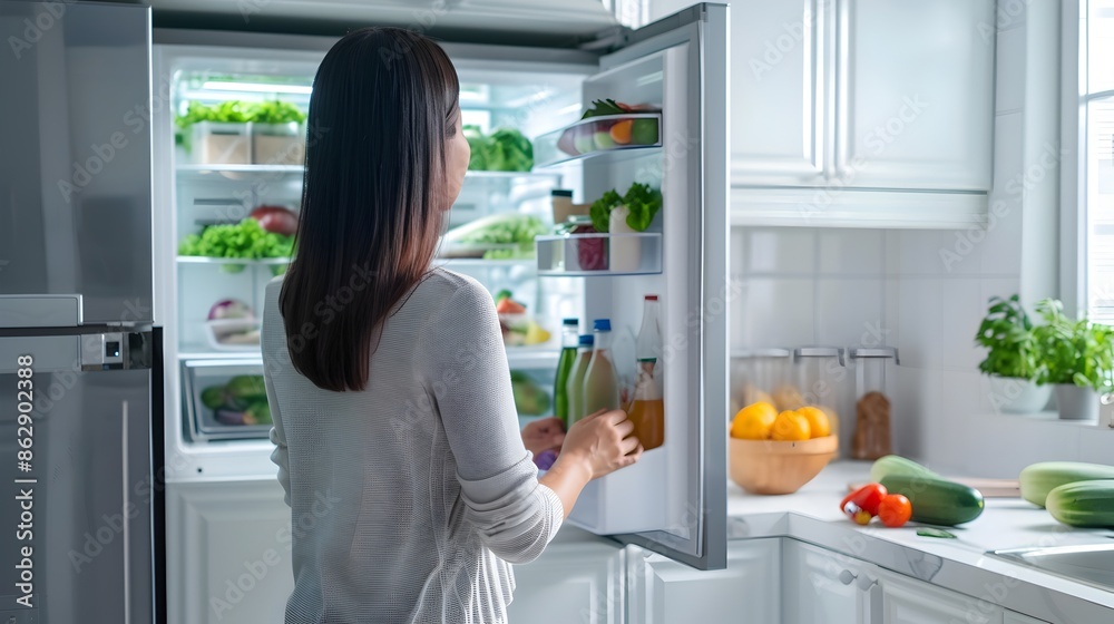 Woman Looking in Refrigerator with Fresh Organic Ingredients for Healthy Home Cooking Woman Looking in Refrigerator with Fresh Organic Ingredients for Healthy Home Cooking