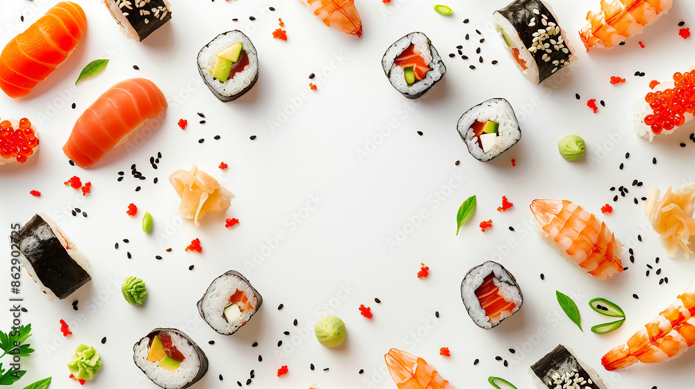 Assorted Sushi Pieces with Fresh Herbs on a White Background, Highlighting Japanese Cuisine and Culinary Art
