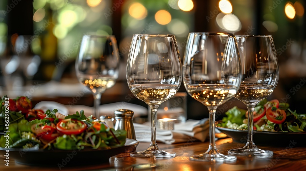 An exquisite setting featuring a gourmet salad served on an elegant white plate paired with white wine in crystal glasses An exquisite setting featuring a gourmet salad served on an elegant white plate paired with white wine in crystal glasses