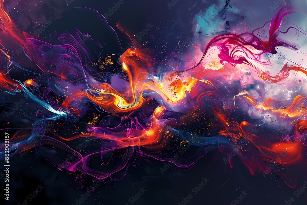 Vibrant Abstract Digital Artwork with Dynamic Explosion of Colors and Fluid Shapes Against Dark Background - Energetic and Fiery Composition Vibrant Abstract Digital Artwork with Dynamic Explosion of Colors and Fluid Shapes Against Dark Background - Energetic and Fiery Composition