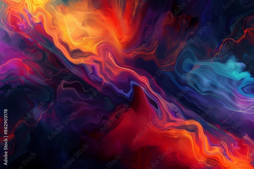 Vibrant Abstract Digital Artwork with Dynamic Explosion of Colors and Fluid Shapes Against Dark Background - Energetic and Fiery Composition Vibrant Abstract Digital Artwork with Dynamic Explosion of Colors and Fluid Shapes Against Dark Background - Energetic and Fiery Composition