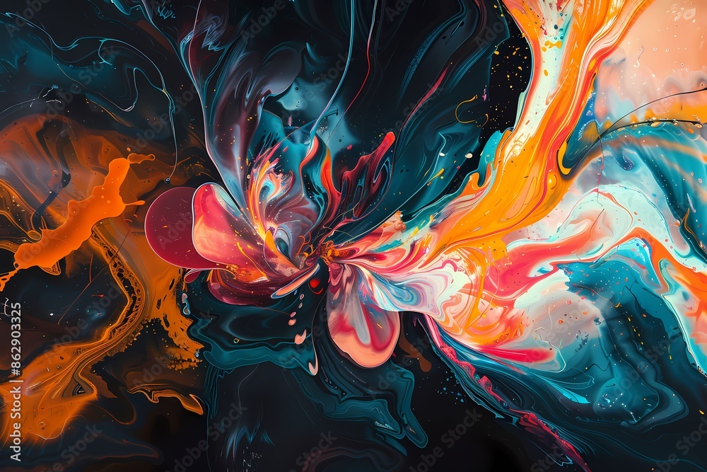 Vibrant Abstract Digital Artwork with Dynamic Explosion of Colors and Fluid Shapes Against Dark Background - Energetic and Fiery Composition Vibrant Abstract Digital Artwork with Dynamic Explosion of Colors and Fluid Shapes Against Dark Background - Energetic and Fiery Composition
