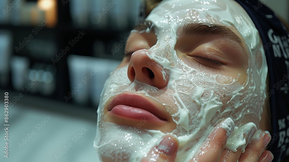A young woman is applying a cosmetic face mask at home A young woman is applying a cosmetic face mask at home