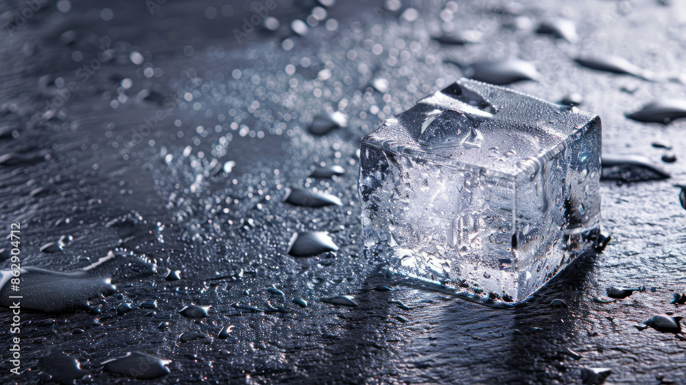 A melting ice cube on a wet, dark surface with water droplets.