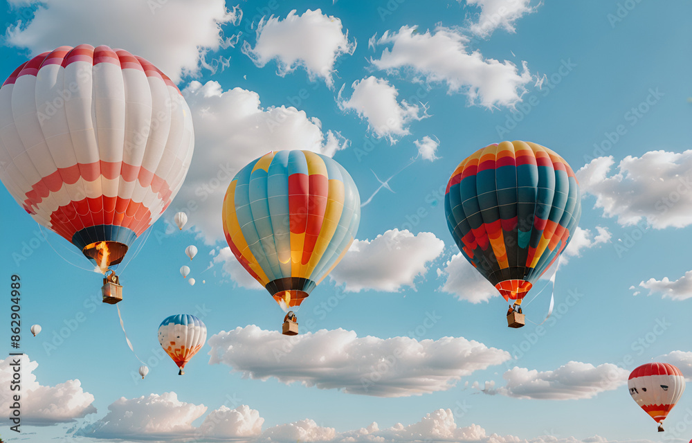 Fototapeta premium Colorful clouds, light white and light blue hot air balloons, romantic scenes