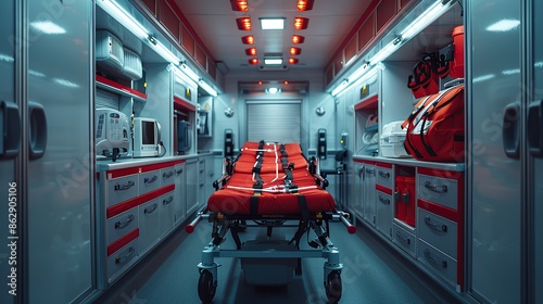 Interior view of an ambulance with a red stretcher and medical equipment