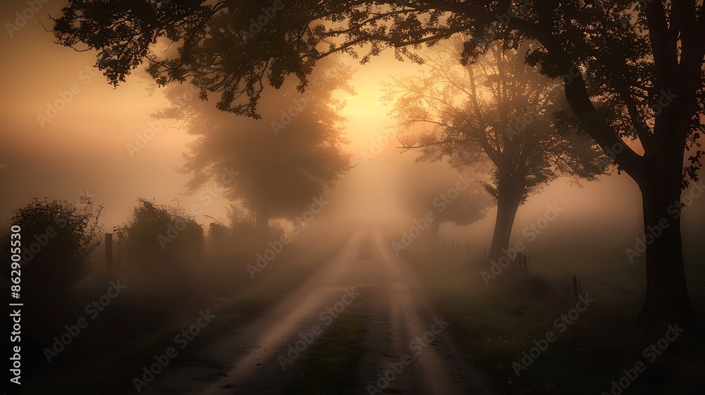 Fototapeta premium Quiet foggy morning on a rural road with the path lined by trees and the fog softening the landscape