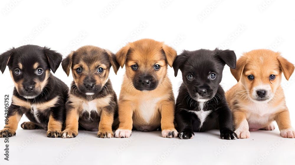 Dog cute puppies in a row isolated on white background
Dog cute puppies in a row isolated on white background