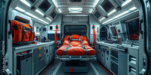Interior view of an ambulance with  stretcher and medical equipment photo
