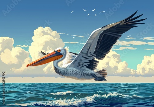 White Pelican Soaring Over Ocean With Cloudy Sky