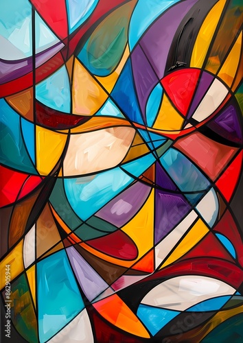 Abstract Painting of Colorful Shapes and Lines - Vibrant Art, Mosaic Design, Stained Glass Texture