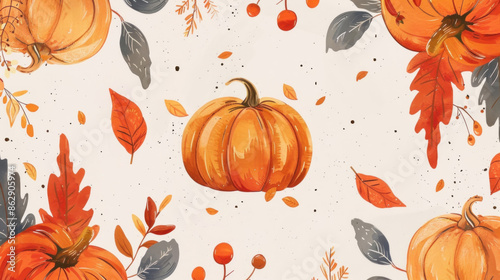 Autumn background with pumpkins, leaves, and cozy colors photo