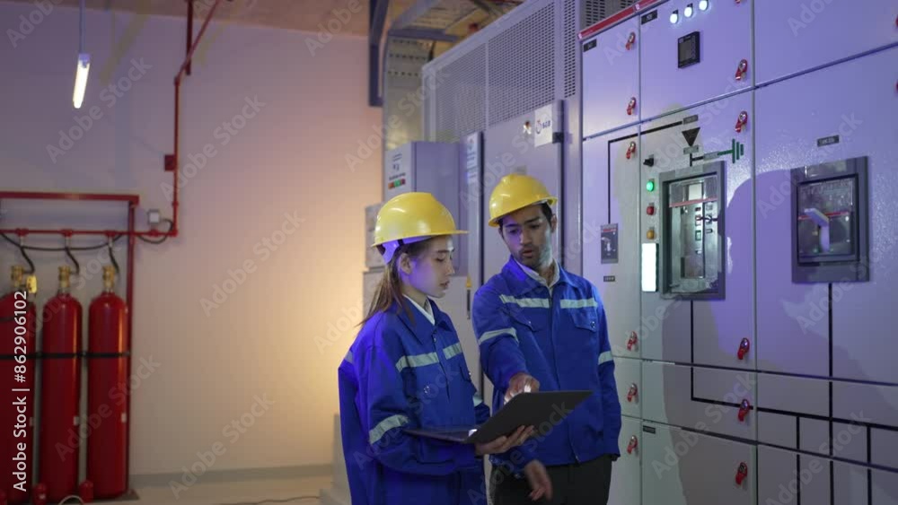 Engineers are checking electronic system at basement.