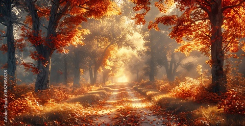 Quiet woodland path covered in fallen leaves with light filtering through autumncolored trees