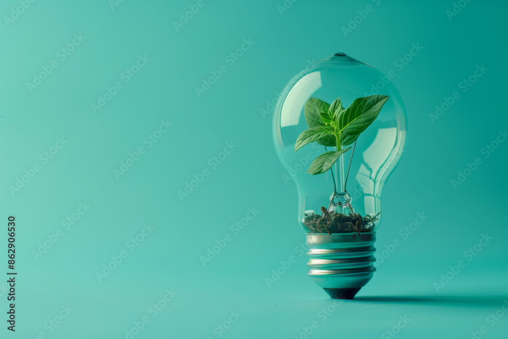 A Green Sprout Growing Inside a Lightbulb on a Turquoise Background A Green Sprout Growing Inside a Lightbulb on a Turquoise Background
