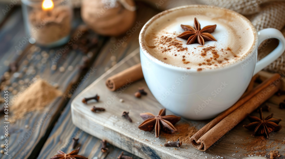 Cappuccino with cinnamon stick and star anise on a table