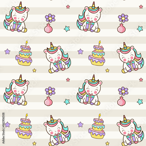 Birthaday party background in cartoon style. Seamless pattern with cute unicorns.
