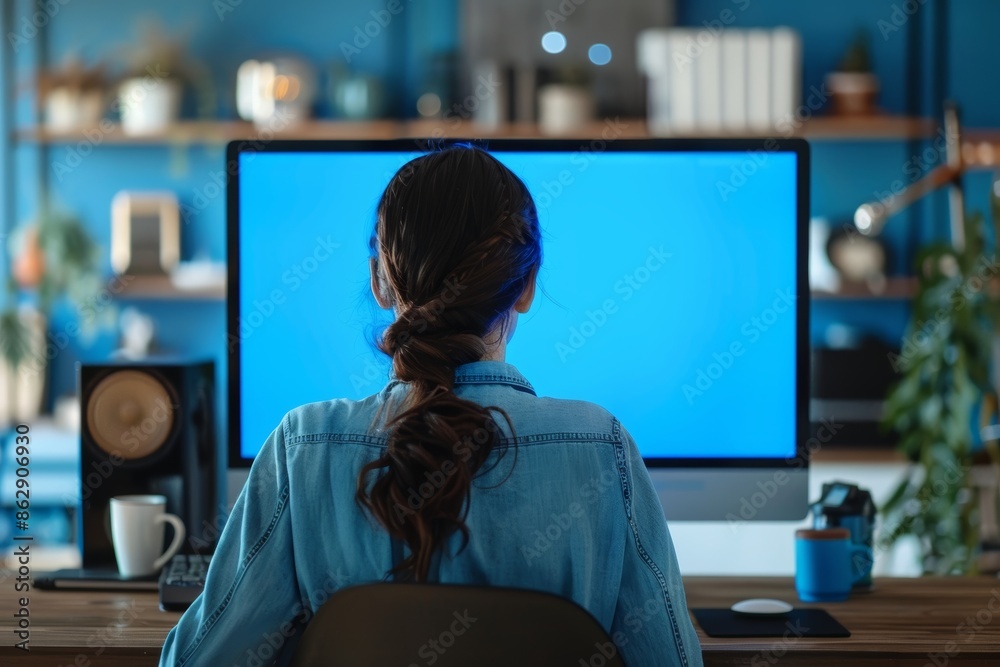 Ui mockup through a shoulder view of a adult woman in front of a computer with a fully blue screen Ui mockup through a shoulder view of a adult woman in front of a computer with a fully blue screen
