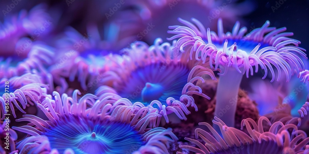 Detailed close-up of vibrant coral polyps in an underwater setting, showcasing their intricate and colorful tentacles and marine beauty.
