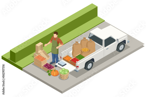 Isometric Farmers selling a Selection of Ecological Fruits and Vegetables at a Farmers Market. Sellers and marketing. Agriculture harvest. Food truck