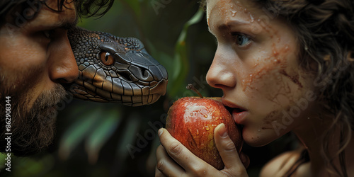 Adam and Eve are about to take the first bite of an apple in the garden of Eden. The snake or devil is nearby tempting  them
