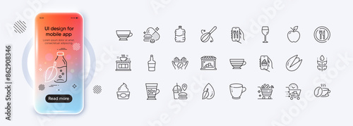 Overeating pills, Vegetables cart and Apple line icons for web app. Phone mockup gradient screen. Pack of Cappuccino, Market, Gluten free pictogram icons. Vector
