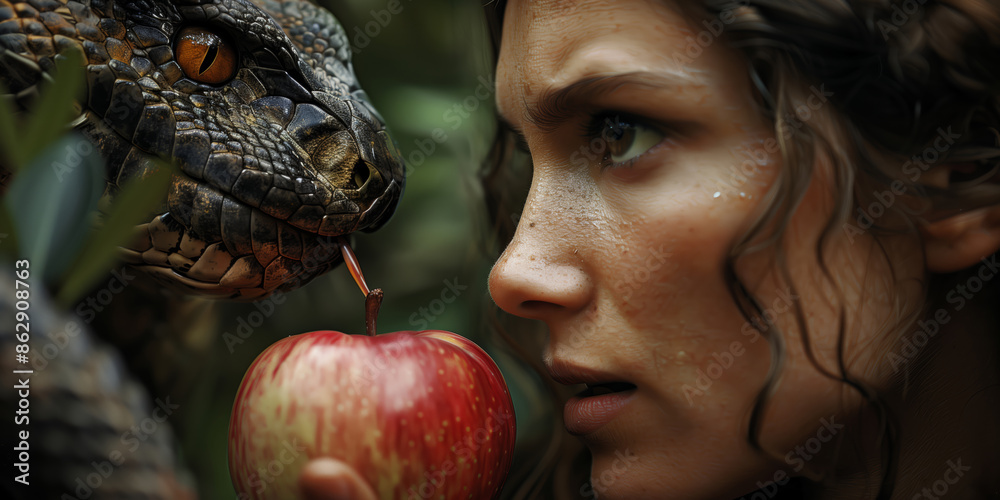 Obraz premium Adam and Eve are about to take the first bite of an apple in the garden of Eden. The snake or devil is nearby tempting them