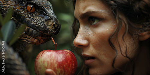 Adam and Eve are about to take the first bite of an apple in the garden of Eden. The snake or devil is nearby tempting them