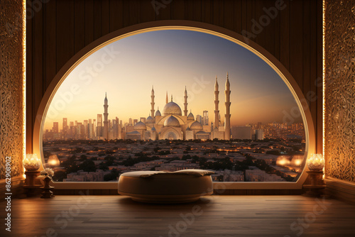 a large circular window with a city view through it